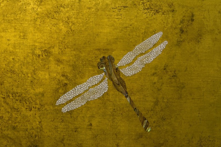 Libellule en nacre sur fond d'or